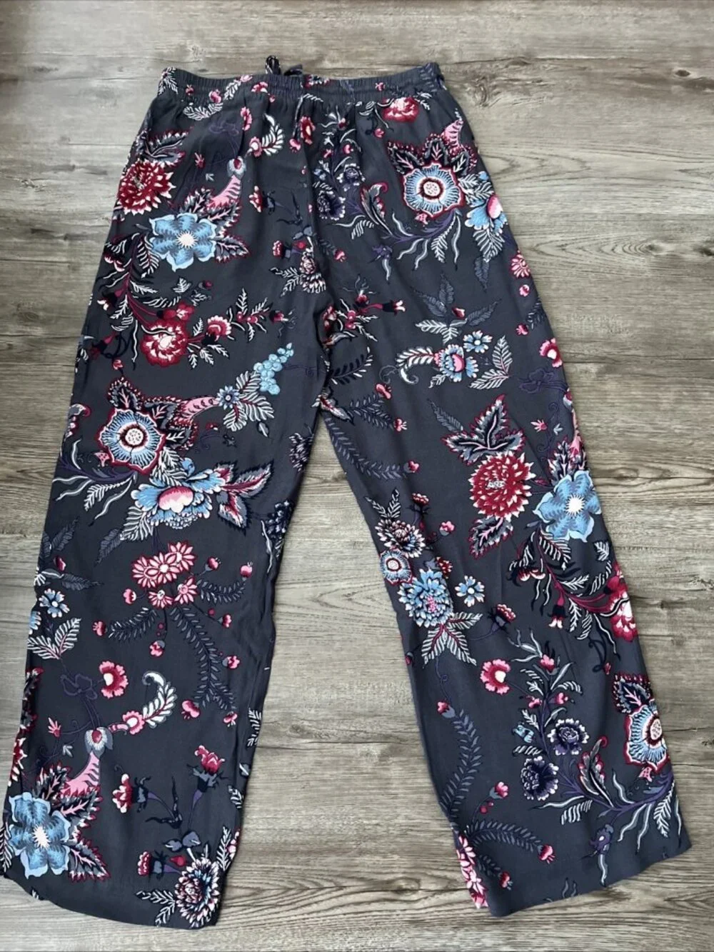 LOFT Drawstring Wide Leg Pants Purple Floral Full Length Womens Small